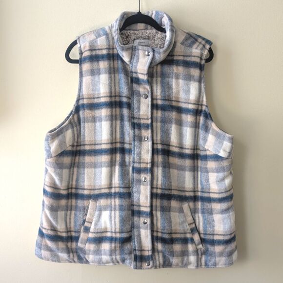 Christopher Banks Blue Tan Plaid Cozy Vest with Sherpa Lining Size 2X - Picture 1 of 7